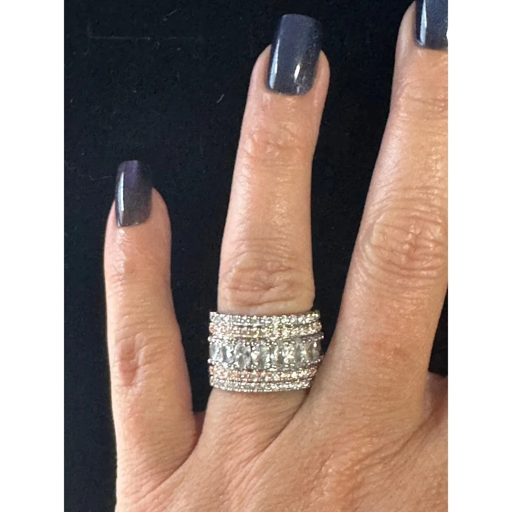 Silver Rose Gold Tone Multi Row Crystal Statement Ring Size 6 Costume Jewelry
